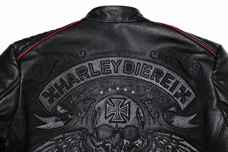 2025 New Embroidery Skull Fashion Genuine Leather Jacket Men's Natural Cowhide Motorcycle Jacket Slim Moto Coat Size S-6XL