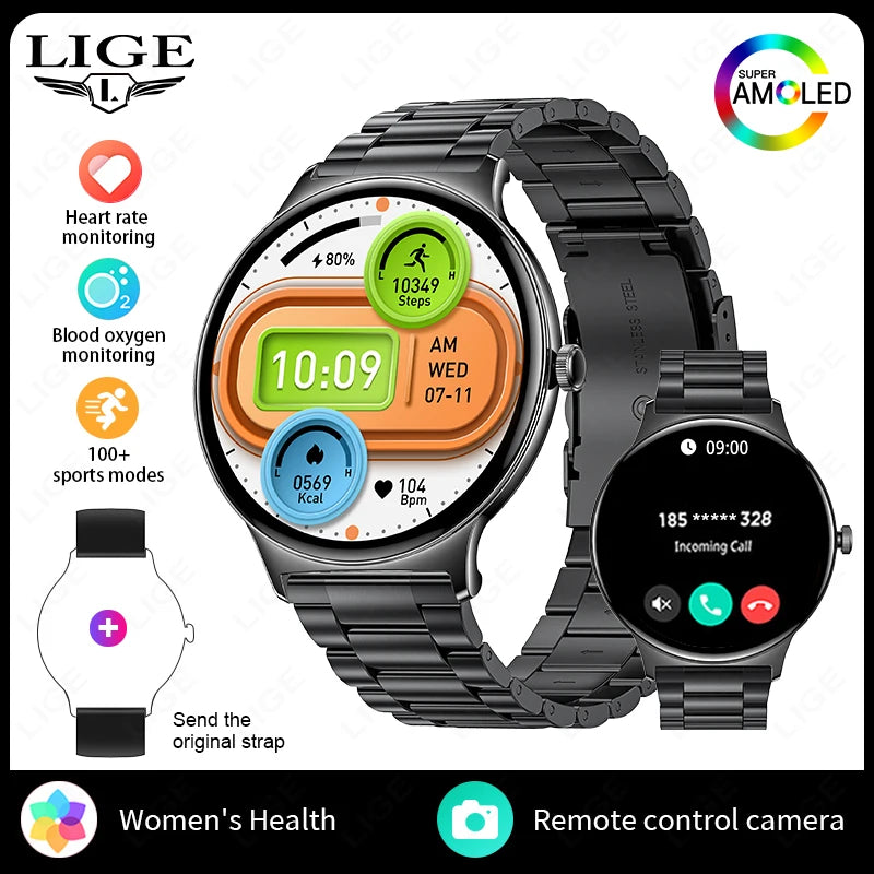 LIGE New 1.43" Bluetooth Call Smartwatch Women Men 466*466 AMOLED Full touch Screen Women Smartwatches Ladies For Android ios