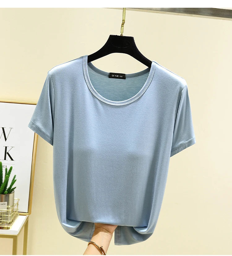 Loose Modal T-irt Women's Spring Summer round Ne ort Sve Built-In Bra Large Size Base irt Casual Sle Summer Top