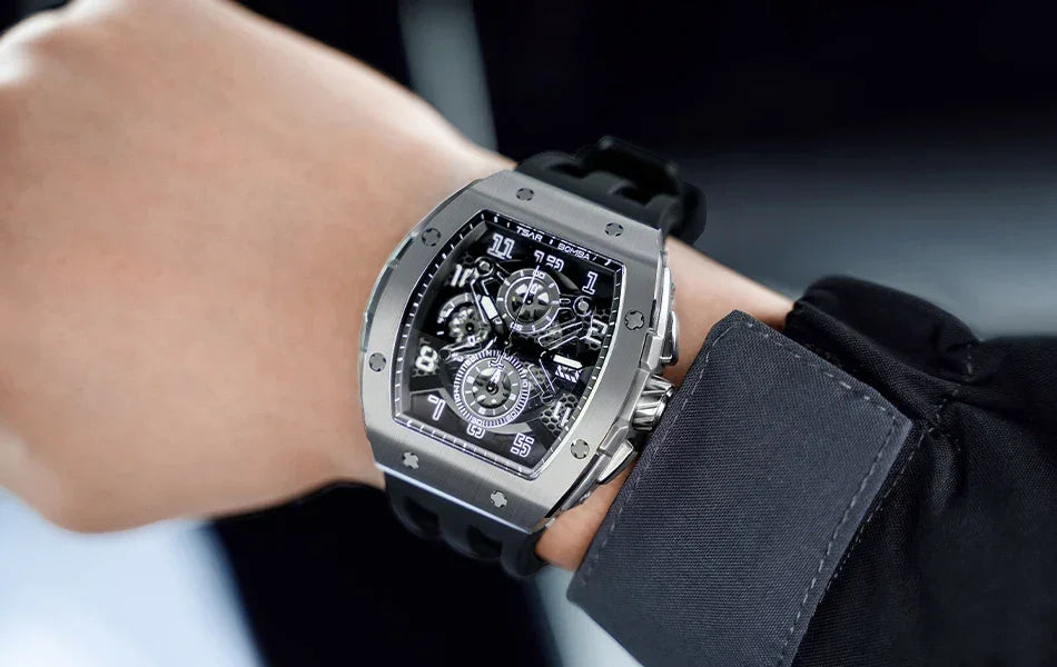 TSAR BOMBA Luxury Mens Watch Top Brand Wristwatch Tonneau Clock Rubber Strap Chronograph Sapphire Watches for Men