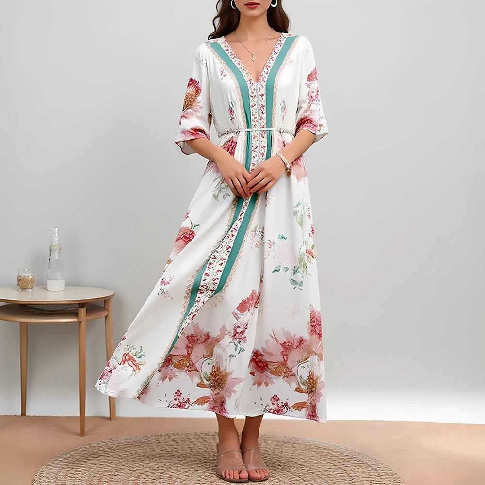 Rafiah Women's Dresses Summer Elegant Fashion 2025 Floral Intellectual Short Sleeve V-Neck A Line Midi Vacation Long Dresses
