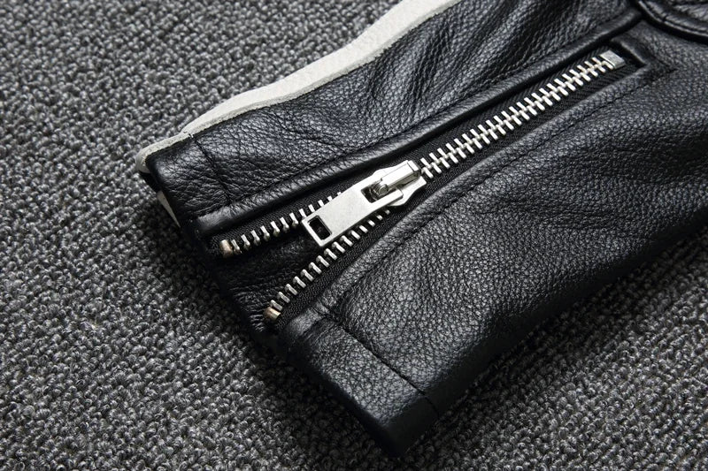 New fashion Men Leather Jacket 100% Genuine Cowhide Coat White Stripes Cool Biker Slim Short Autumn Leather Clothing.