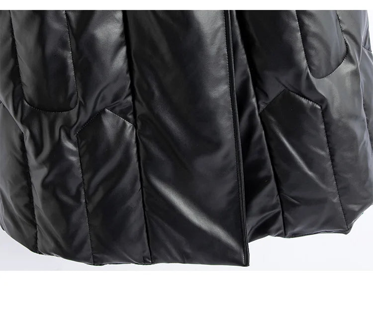 New Women Winter Leather Down Coat Fashion Real Fox Fur Collar Slim Waist Long Leather Coat Casual Thick Warm Overcoat