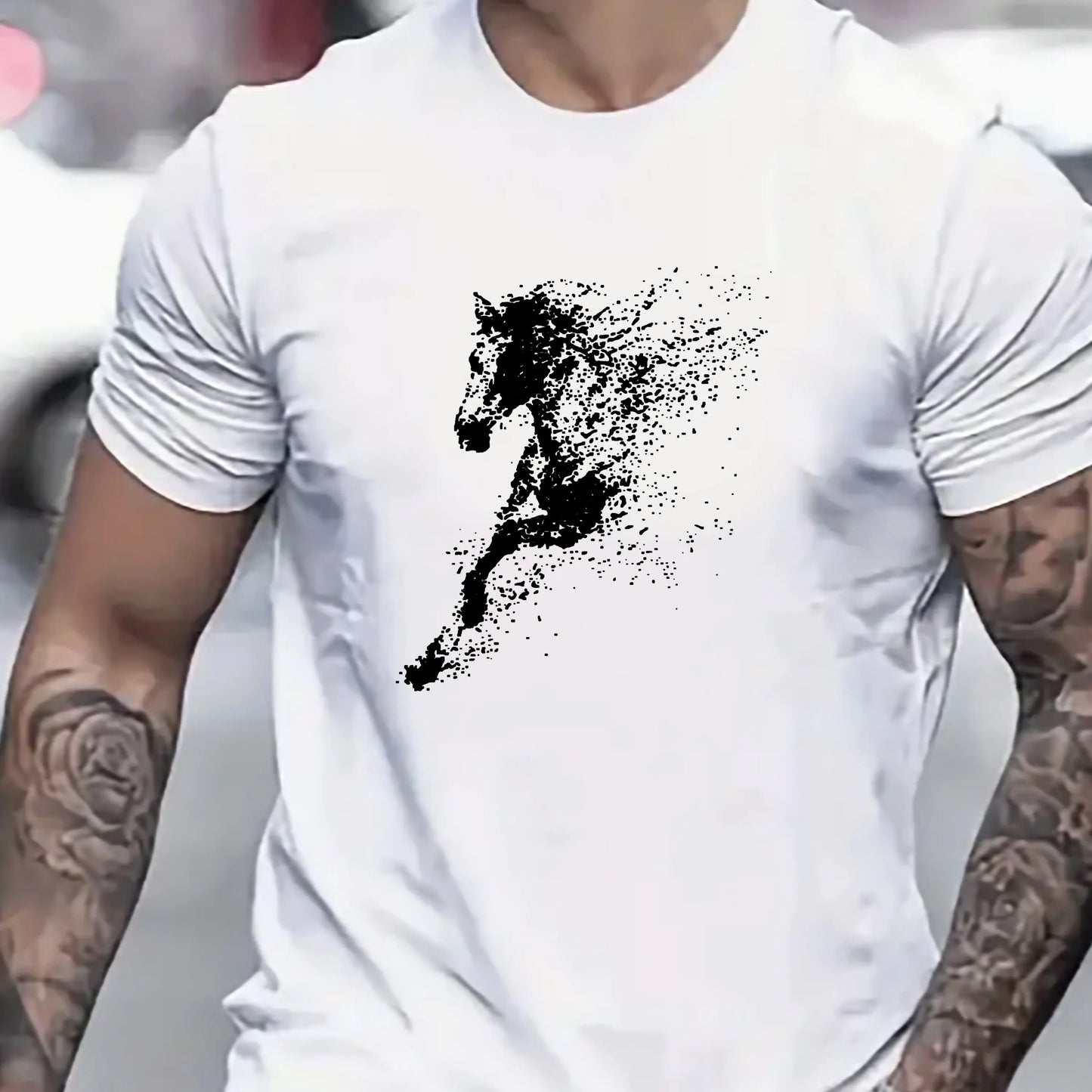Men's Summer 100% Cotton Fashionable Casual Loose Large Black Horse Pattern Printed Round Neck Short Sleeve T-shirt Top
