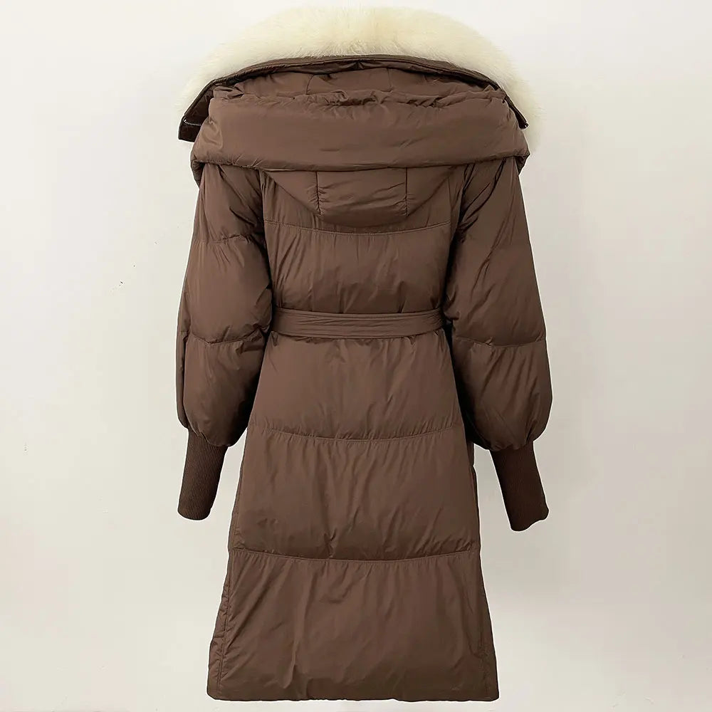 2025 Autumn Winter Women Coat Real Natural Fox Fur Long Down Jacket Thick Warm Casual Hooded White Duck Down Elegant Overwears