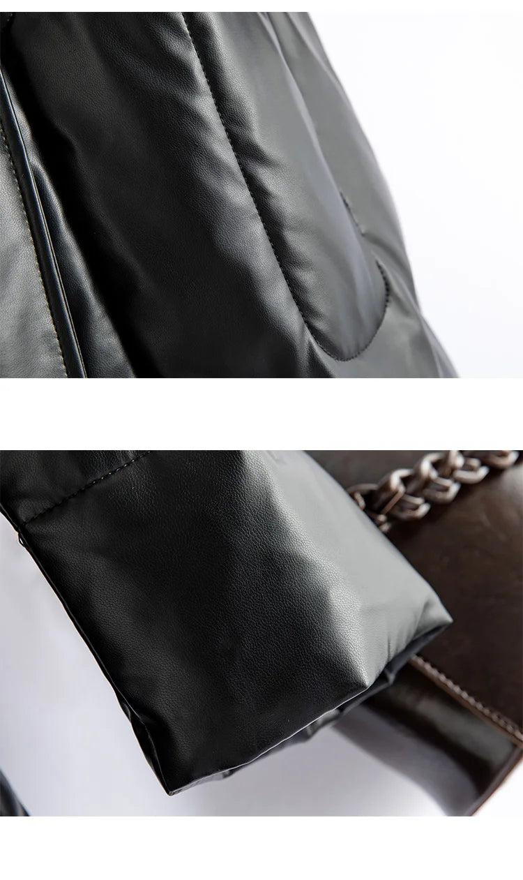New Women Winter Leather Down Coat Fashion Real Fox Fur Collar Slim Waist Long Leather Coat Casual Thick Warm Overcoat