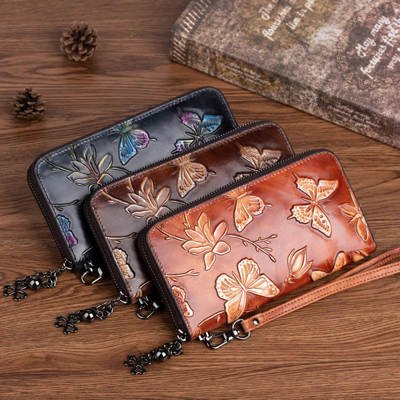 MOTAORA 2025 New Genuine Leather Women Wallet Vintage Embossed Long Purse For Women Hand Painted Butterfly Wallet ID Card Holder