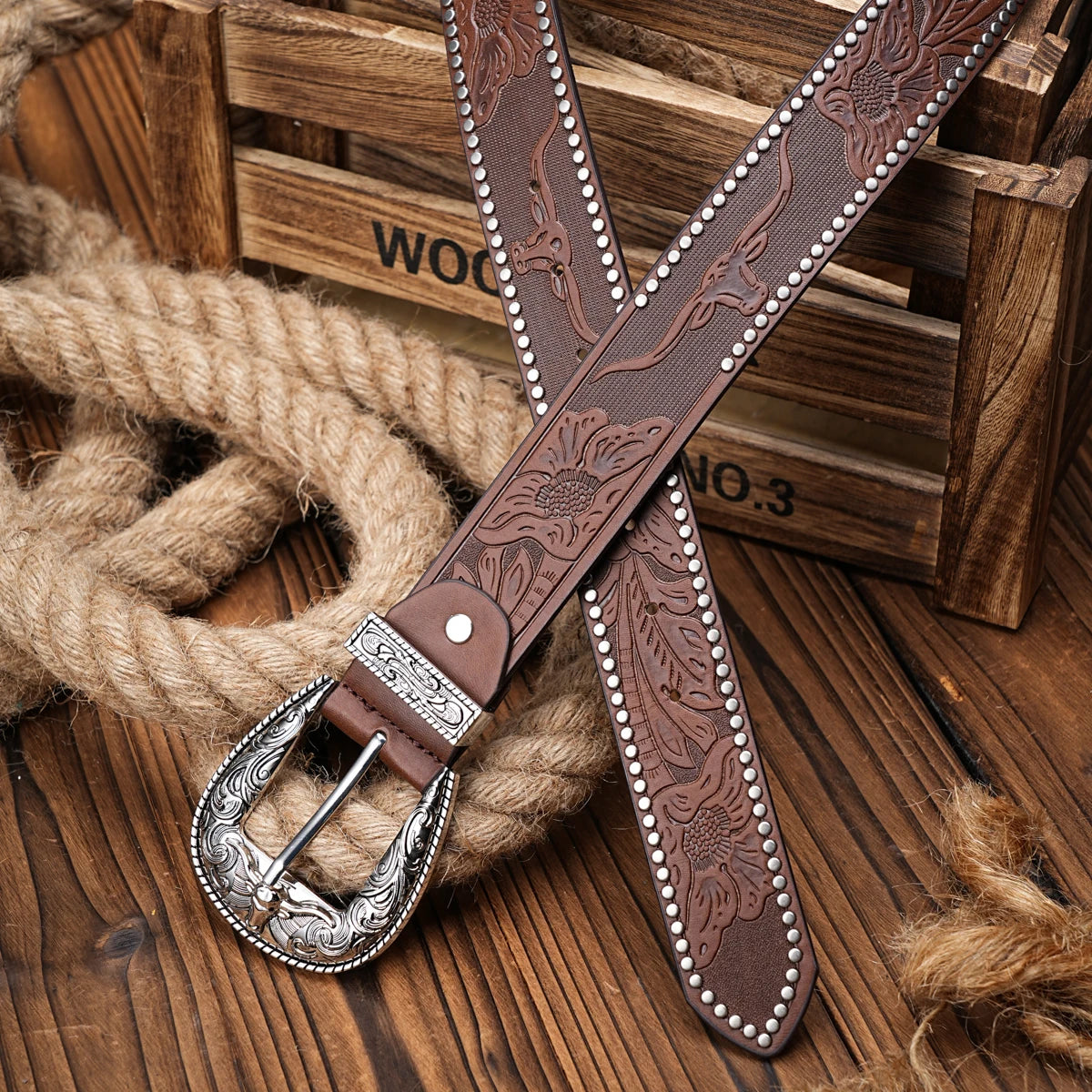 Men Women-Western-Cowboy-PU Leather-Belts - Vintage Belt Floral Engraved Buckle Belt for Jeans