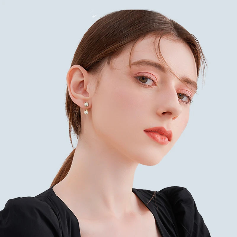 Lnngy Front Back Double Sided Moissanite Stud Earring Pendientes Plata 925 Sterling Silver Earrings For Women 2 in 1 Ear Jewelry