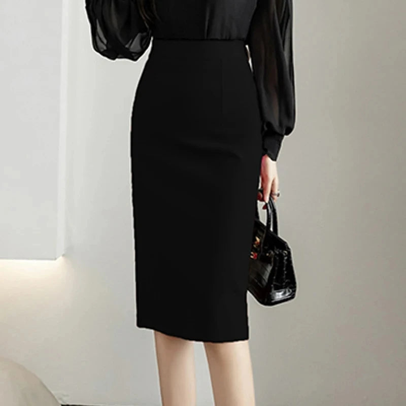 Classic Vintage Gray Red Stretch Pencil Skirts For Women Office Lady Formal Black Midi Skirts Elegant Female Package Hip Skirts