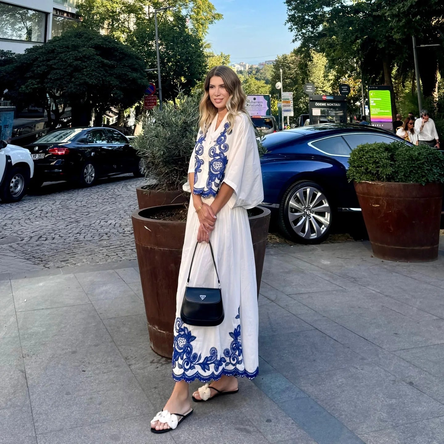 TRAFZA 2024 Women Skirt Set Blue Embroidery Three Quarter Bat Sleeve Shirt +Folds A Line Long Skirt Casual Loose Beach Holiday
