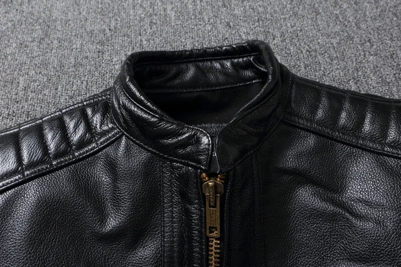 Men's Natural Leather Jacket First Layer Calfskin Stand Collar Motorcycle Jacket Retro Brown Cowhide Jacket Men‘s Biker Clothes