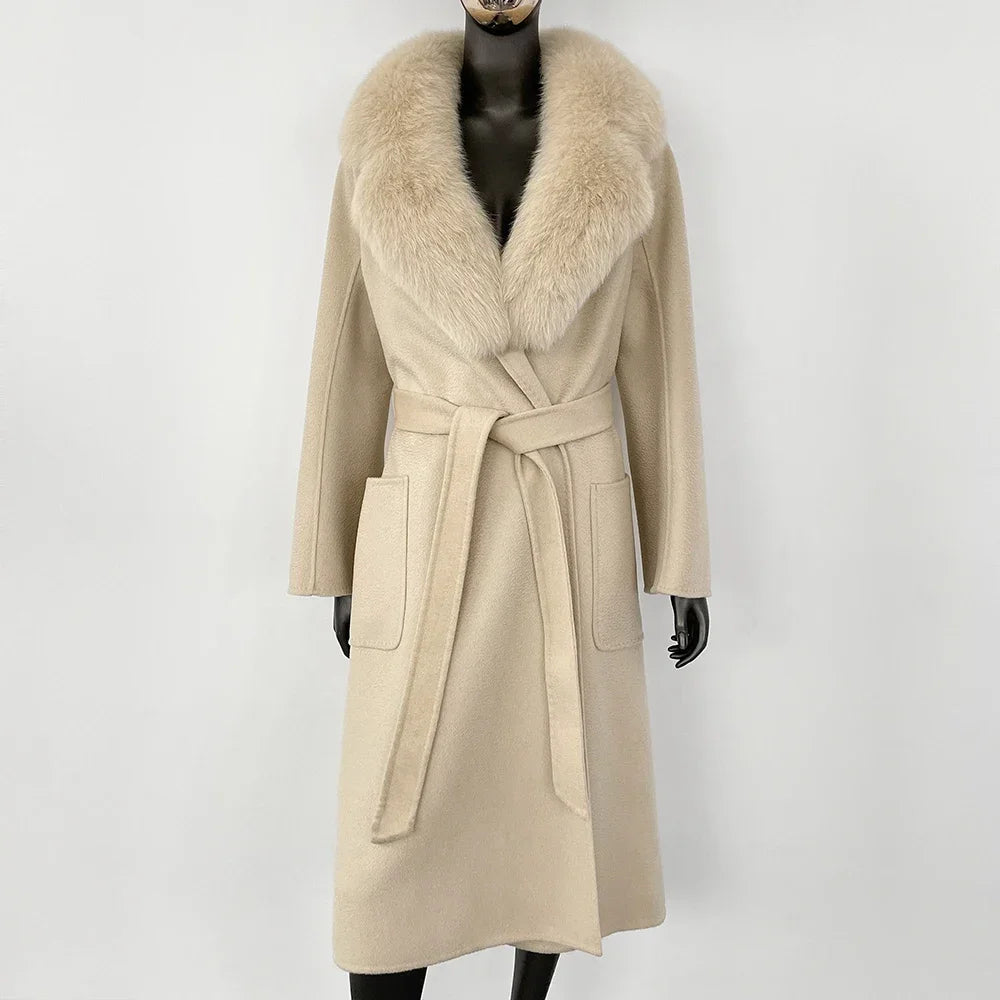 GENHUA 2025 New Casual Fur Coat for Ladies Winter Wool Long Fur Ladies Natural Real Fox Fur Collar Jacket for Ladies Warm Coat