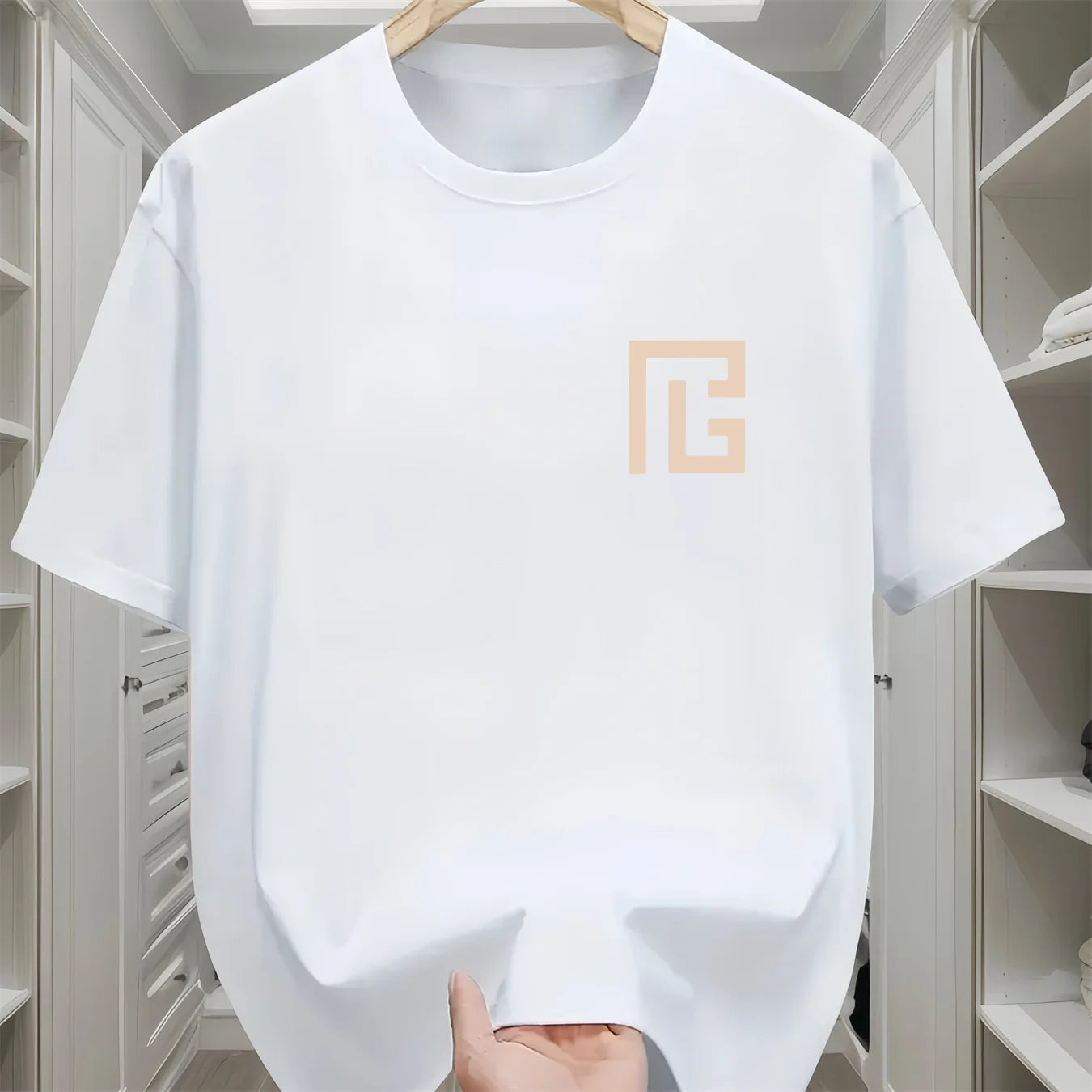 Men's summer 100% pure cotton fashionable casual sports loose geometric pattern printed round neck short sleeved T-shirt top