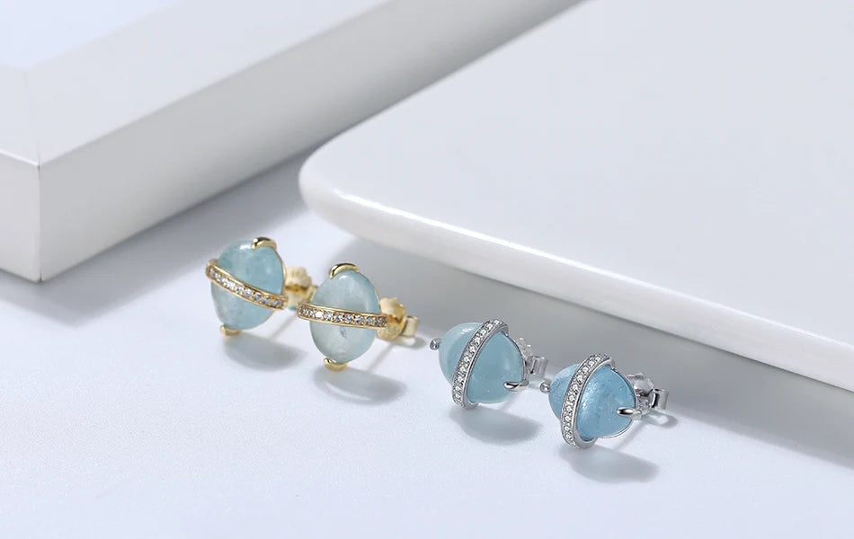 ORSA JEWELS 925 Sterling Silver Natural Aquamarine Earrings Necklace Ring Set 14K Gold Plated for Women Jewelry Sets Gift SSGM04