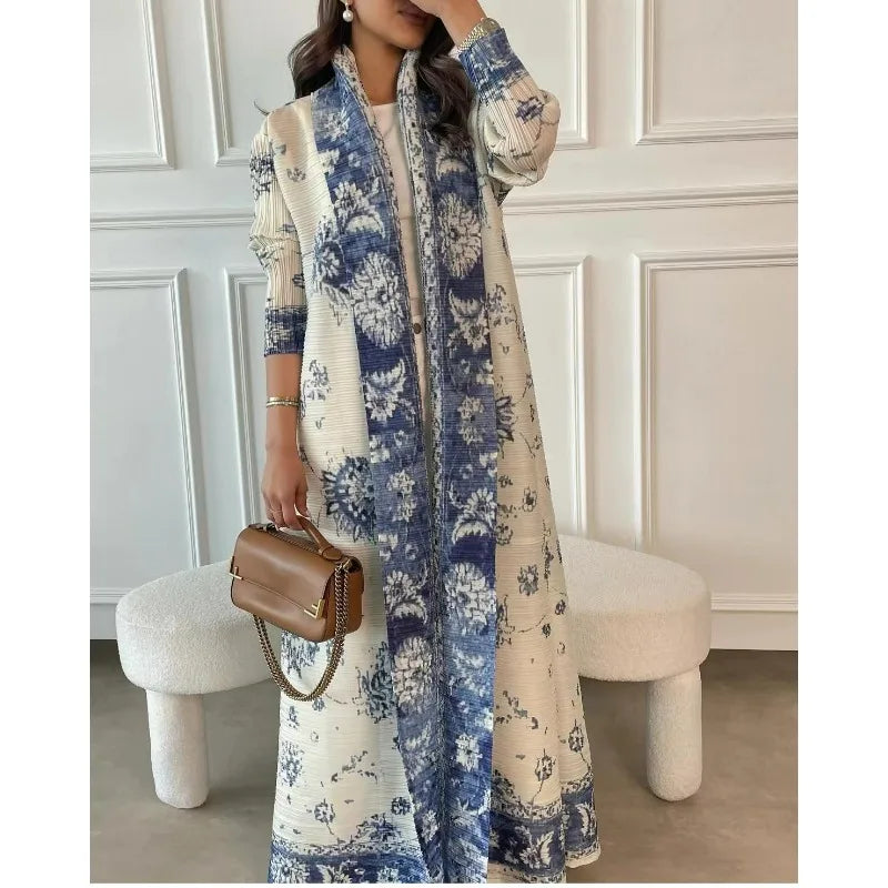 KAF Pleated Women Luxury Trench 2025 Spring Fall New Vintage Printed Cardigan Design Loose Large Size Arabian Female Abaya