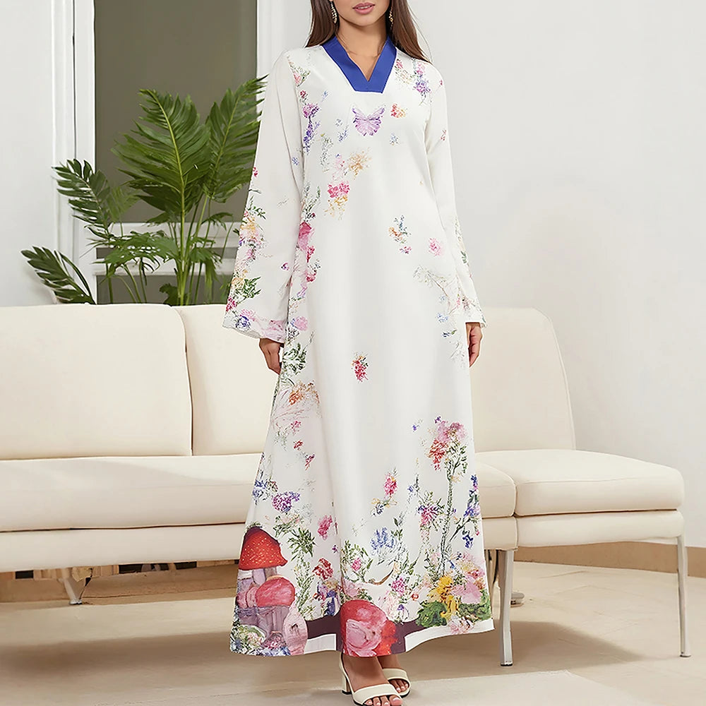 Rafiah Women's Dresses Summer Elegant Decent 2025 Cultural Print Long Sleeve V-Neck A Line Casual Long Dress