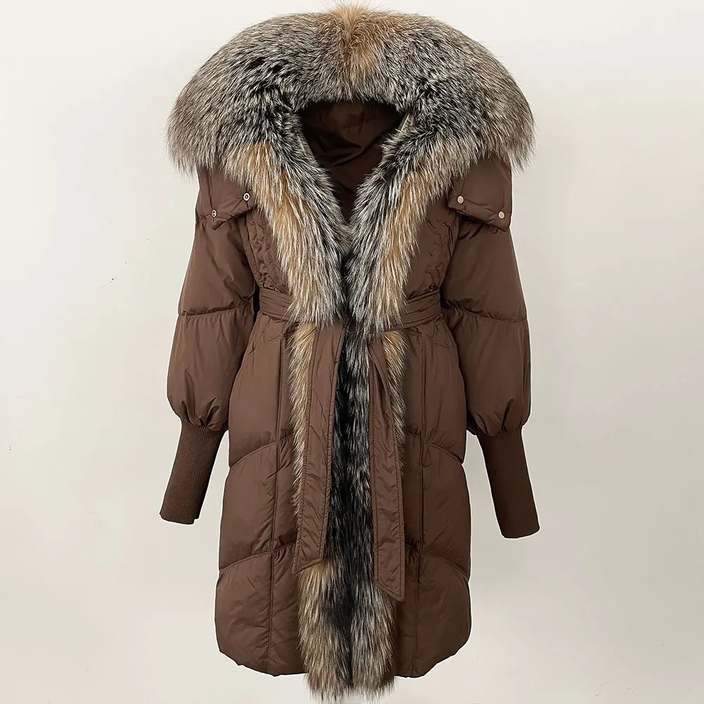 2025 Autumn Winter Women Coat Real Natural Fox Fur Long Down Jacket Thick Warm Casual Hooded White Duck Down Elegant Overwears