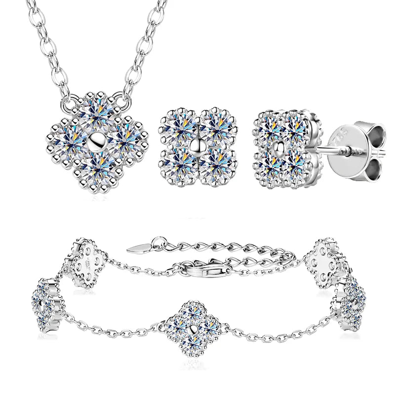 18k Gold Plated 925 Silver 3mm Moissanite Necklace Earrings Bracelet Sets 3 In 1 Clover Flower Charm Jewelry Set for Women Gift