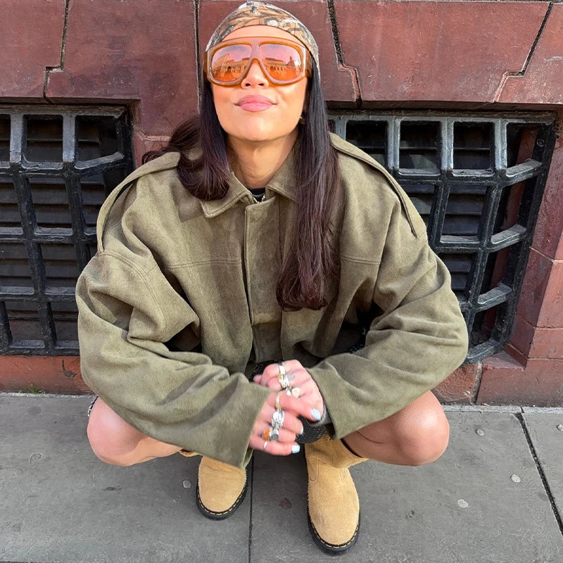 Street Women's Suede Bomber Jacket Fashion Lapel Zipper Full Sleeve Female Coats 2025 Spring Lady Casual Commute Vintage Outwear