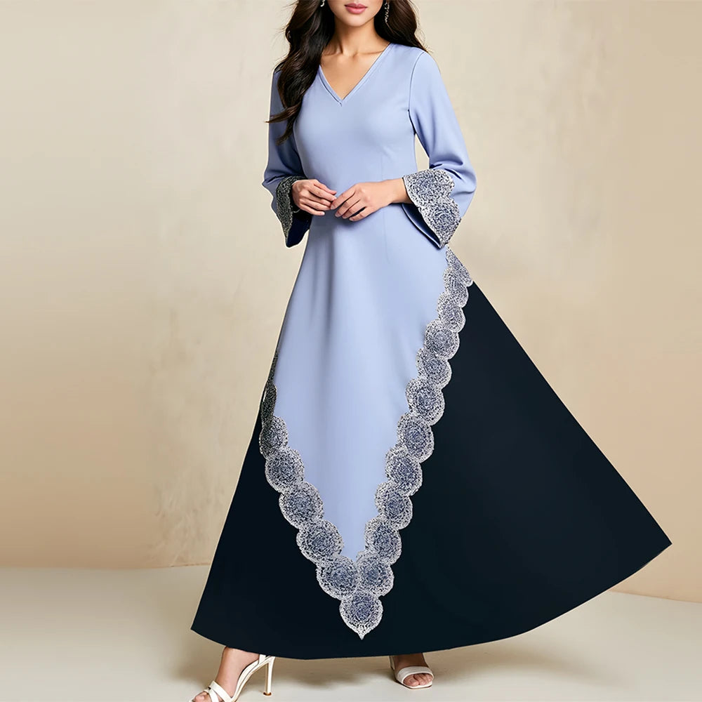Rafiah Summer Dresses 2025 Women's Elegant Patchwork Long Flare Sleeve V-Neck Midi A-Line Basics Arabian Dress