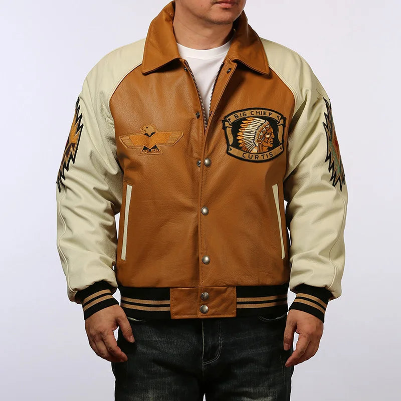 Men large size leather jacket flight suit jacket printed big chief embroidery casual sports yellow cowhide leather jackets tops