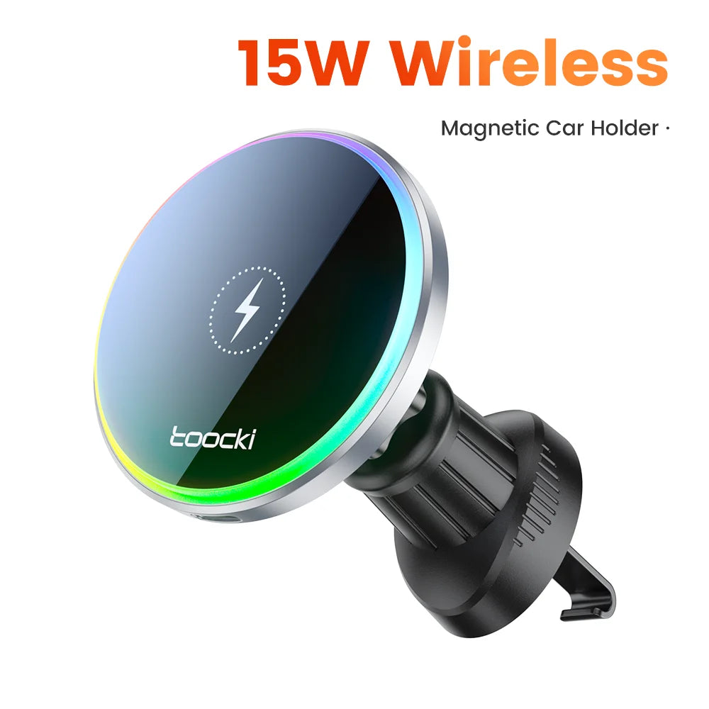 Toocki RGB Magnetic Car Phone Holder 15W Wireless Charger Car For iPhone 15 14 13 Pro Max Samsung Phone Car Charger Holder Stand