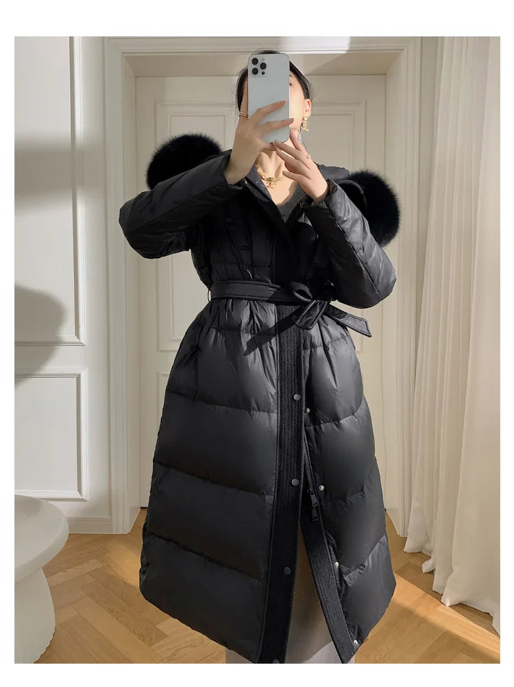 Women’s Luxury White Goose Down Coat – Hooded Long Jacket with Fox Fur Collar & Belt