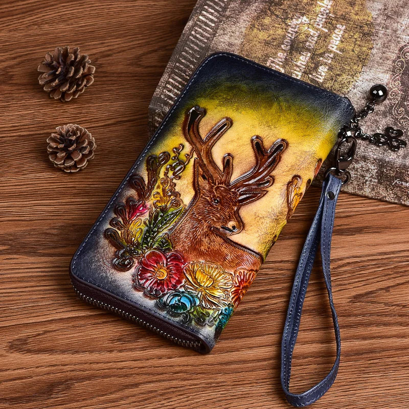 MOTAORA Vintage Women Long Wallets Deer Pattern Bag 2025 Genuine Leather Handmade Embossing Ladies Wallet Phone Bags Woman Purse
