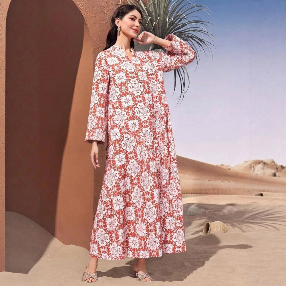 Plus Size Rafiah Women's Summer Arabian Dress 2025 Geometric Printing Long Sleeve Half Open Collar Loose Fit Long Dress