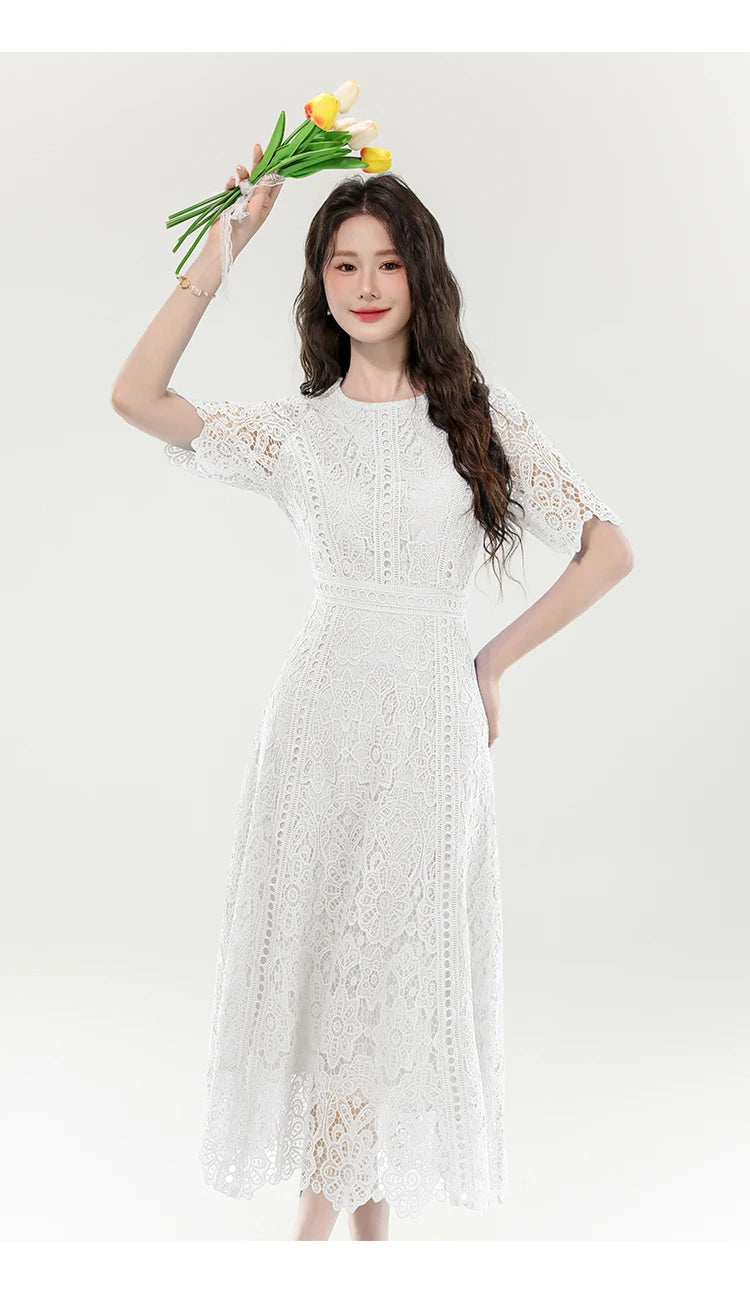 2025 New Summer French Elegant Fashion Evening Dress Women Lace Hollow Out Crochet Party Dress Casual Chic Holidays Clothing