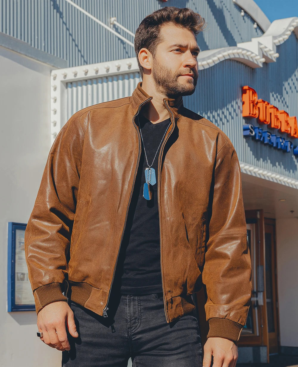 Men’s Pigskin Leather Bomber Jacket – Casual Stand Collar Leather Coat