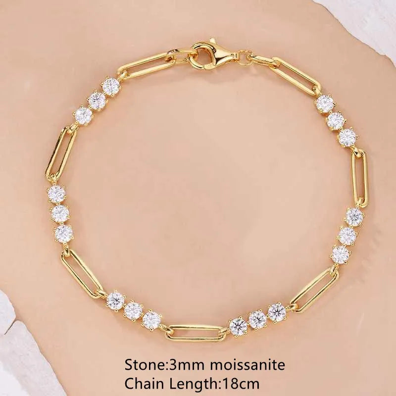Lnngy Certified Round 3MM Moissanite Bracelet For Women 925 Sterling Silver Adjustable Chain Bracelets Fashion Hand Jewelry Gift