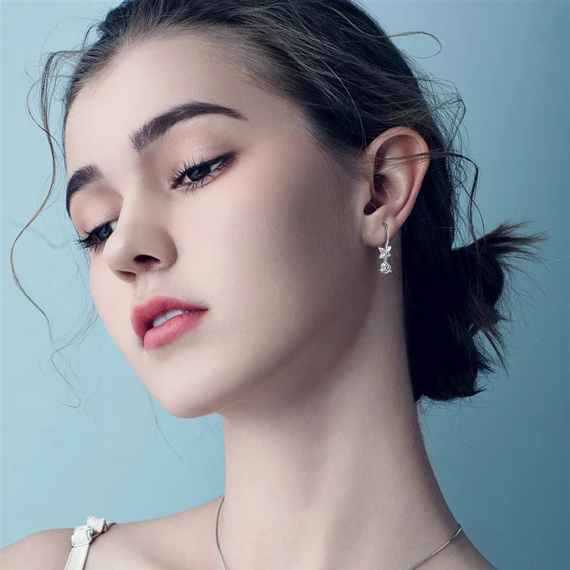 2024 Trend Real 925 Silver 5mm Round Moissanite Drop Clip Earrings for Women Four-leaf Clover Valentine Wedding Jewelry Gift