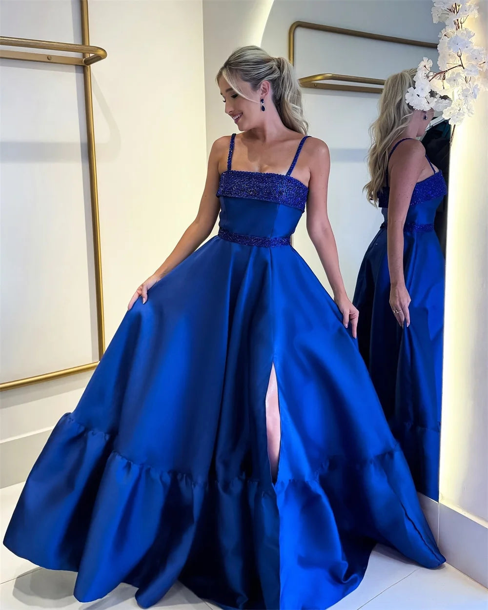 Mila Spaghetti Strap A-Line Prom Dresses Side High Split Evening Dresses Elegant Floor-Length Satin Customized Party Dresses