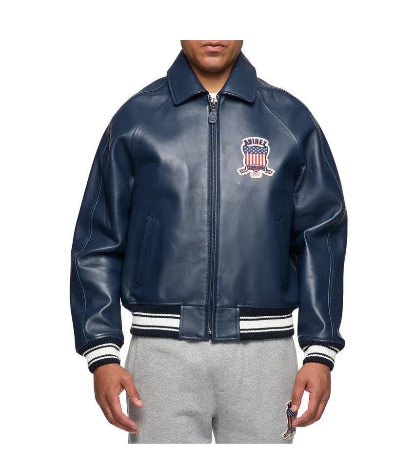 AVIREX Fall New ICON JACKET Sheepskin Leather Jacket Men's Bomber Flight Suit Embroidered Jacket Casual Top US Size Loose Fit