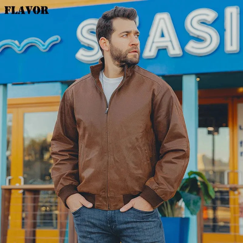 Men’s Pigskin Leather Bomber Jacket – Casual Stand Collar Leather Coat