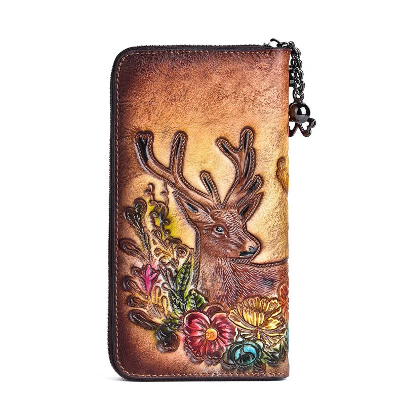 MOTAORA Vintage Women Long Wallets Deer Pattern Bag 2025 Genuine Leather Handmade Embossing Ladies Wallet Phone Bags Woman Purse