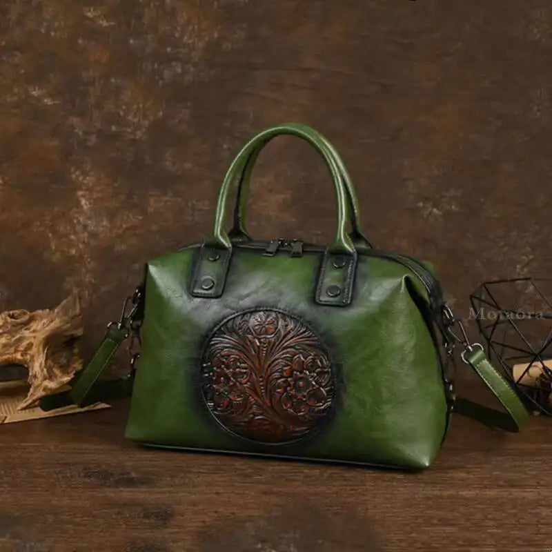 MOTAORA Vintage Leather Crossbody Bag Women's Embossed Handmade Tote Shoulder Bag Large Capacity Anti-Theft Purse