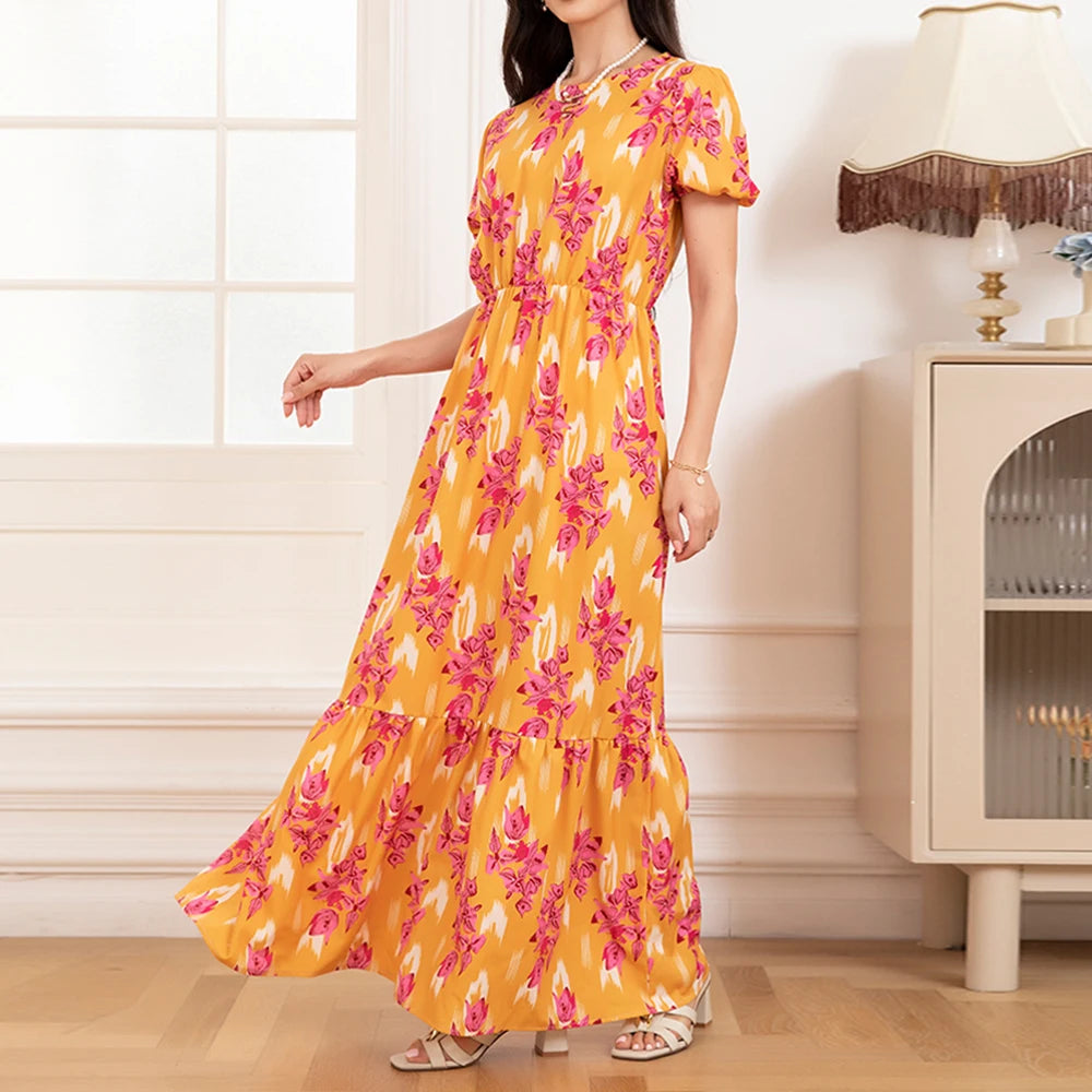 Rafiah Summer Dress 2025 Floral Women's Fashion Puff Sleeve Crew Neck A-Line Maxi Dating Arabian Dress