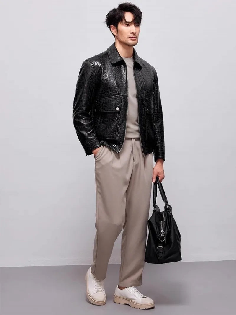 Designer Mens Genuine Leather Jacket Zipper Lapel High Quality Sheepskin Motorcycle Short Coat Spring Autumn Punk Outerwear Male