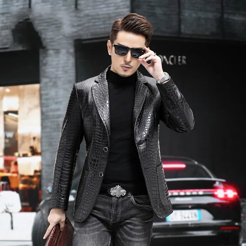 Luxury Business Men Alligator Pattern Genuine Leather Jacket Spring New Single Breasted Slim Fit Real Sheepskin Blazer Suit Coat