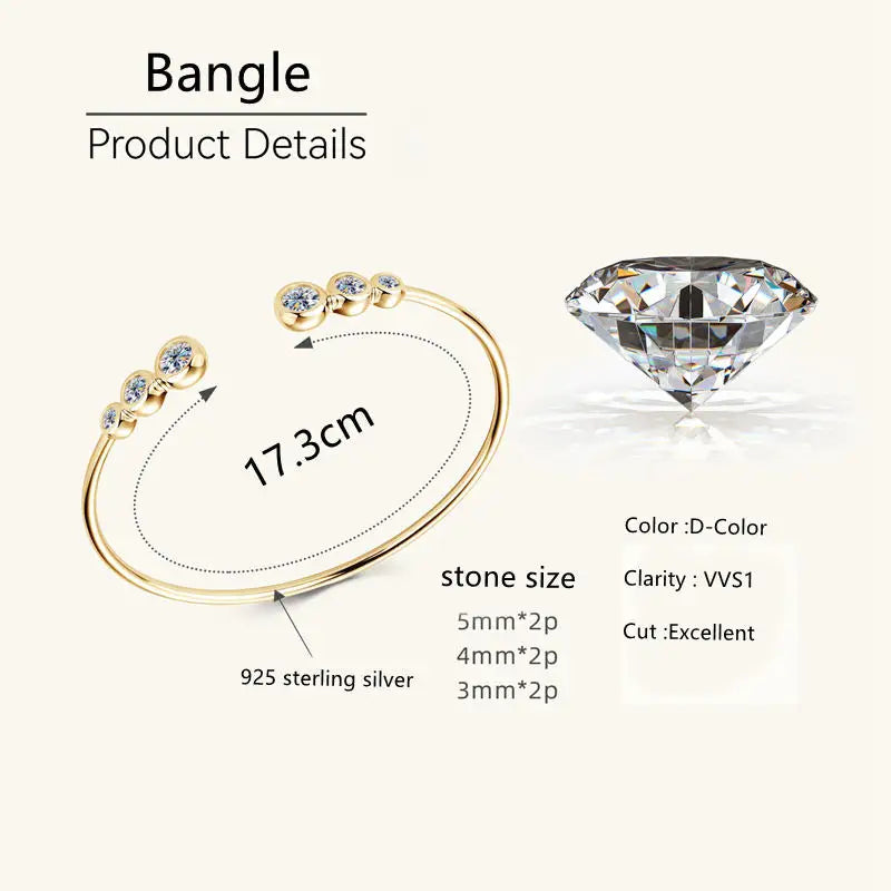 Lnngy Adjustable Cuff Bracelet Original and Pure 925 Sterling Silver Bezel Moissanite Bracelets For Women Opening Wrist Jewelry