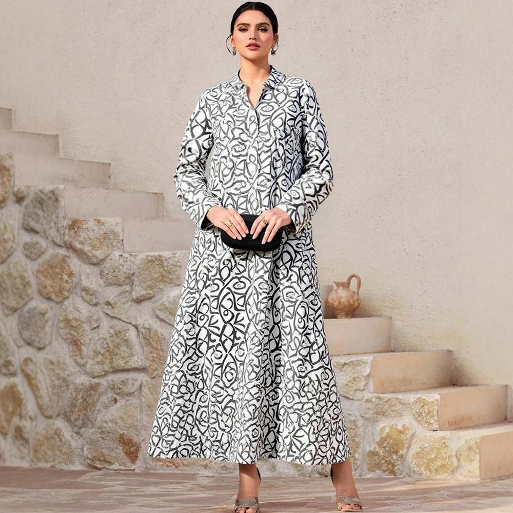 Plus Size Rafiah Women's Summer Arabian Dress 2025 Line Printing Long Sleeve Half Open Collar A-Line Draped Long Dress