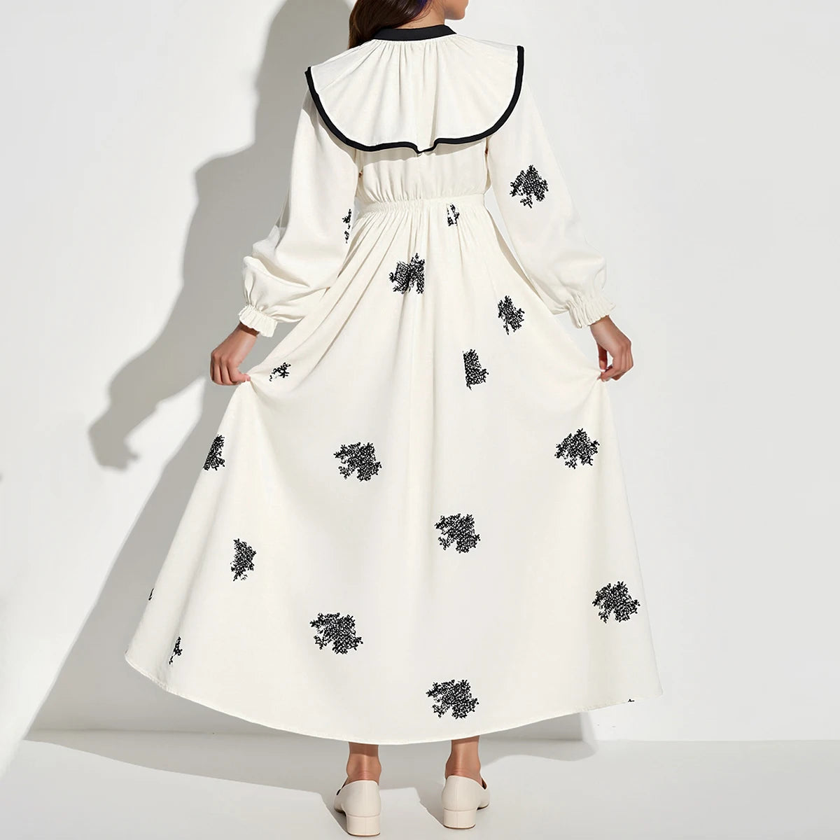 Rafiah Autumn Arabian Dress 2025 Women's Decent Full Print Folds Long Sleeve Round-Neck Layered Daily Basic Midi Dress