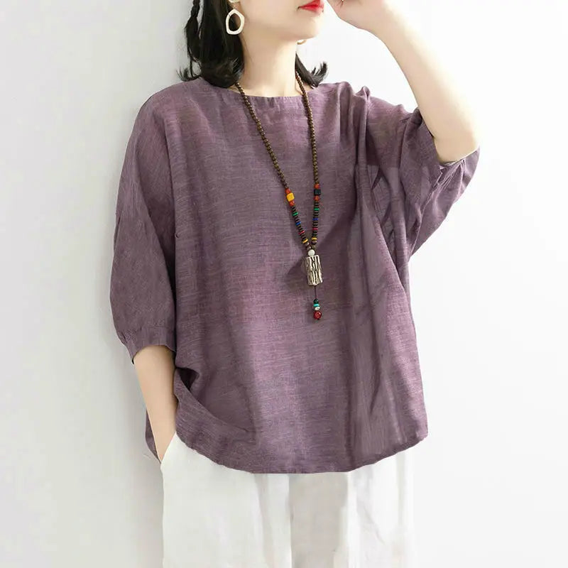 plus Size Women's Cotton T-irt ort Sve Summer New Sle Pure Linen Mid-Age Women's Faionable Commute Ethnic Sle Lo...