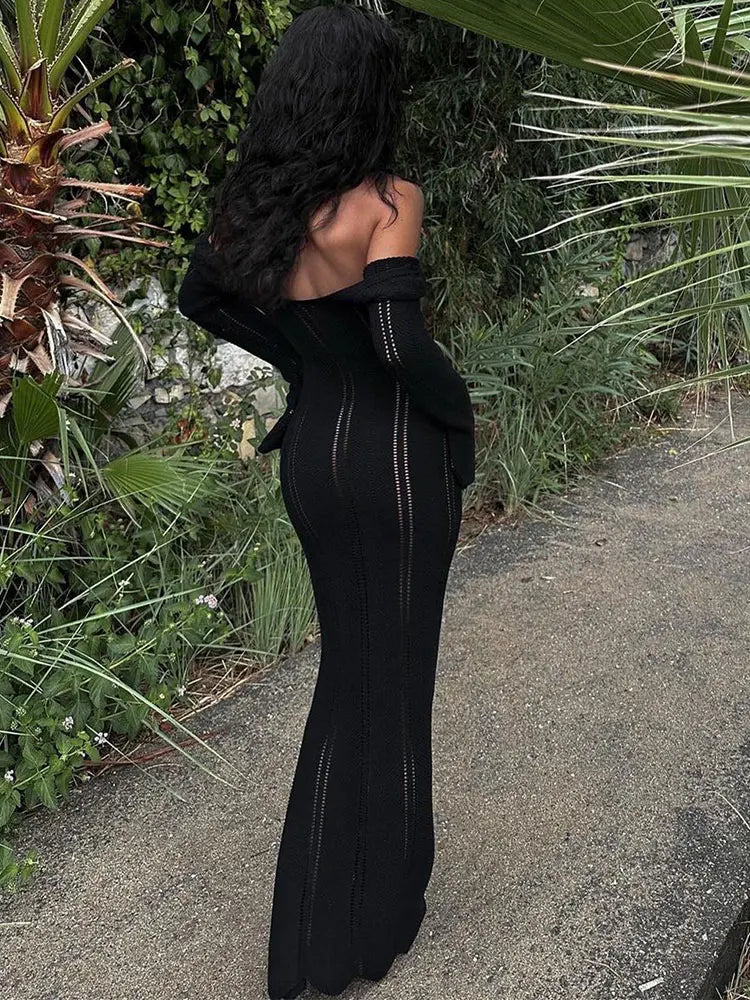 Knitted Hollow Out Maxi Dress – Women's Long Sleeve Off Shoulder Slim Fit.White/Black