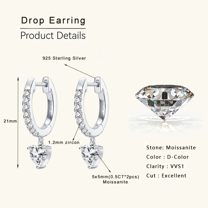Lnngy 5x5mm Heart Cut Pendant Moissanite Earring 925 Sterling Silver Dangle Earrings For Women Lovers' 2024 Trending Jewelry