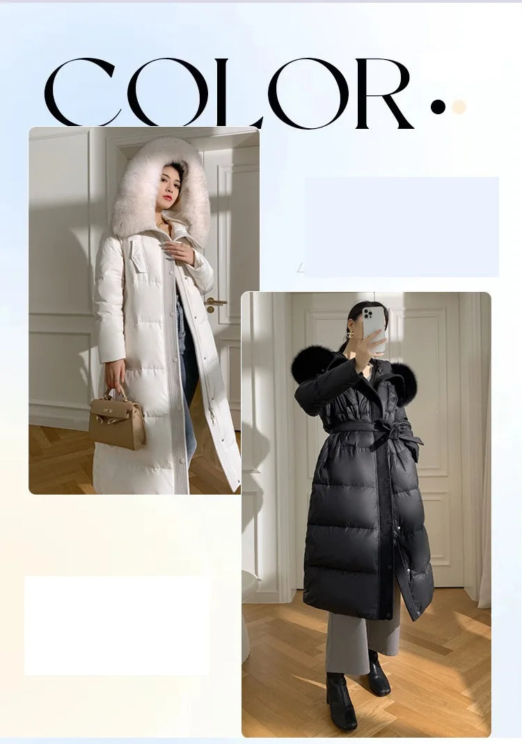 Women’s Luxury White Goose Down Coat – Hooded Long Jacket with Fox Fur Collar & Belt