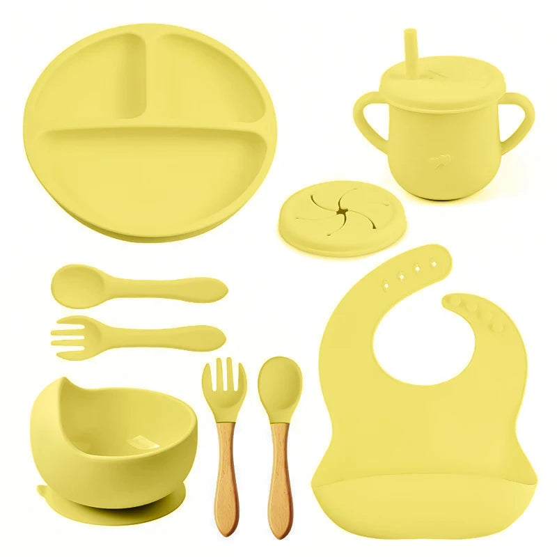 Mother Kids 8PCS Baby Silicone Feeding Set Bibs Sucker Dinner Plate Antislip Bowl Spoon Cup Children's Tableware Baby Stuff